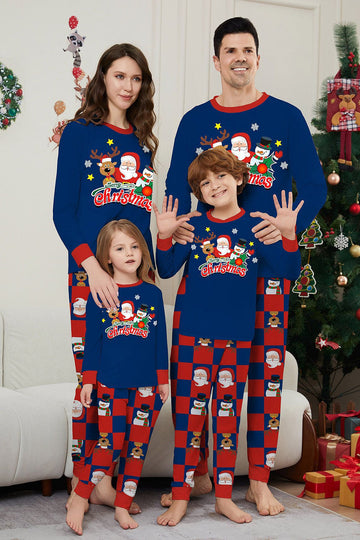 Dark Blue Plaid Pants Printed Long Sleeves Christmas Family Matching Pajamas